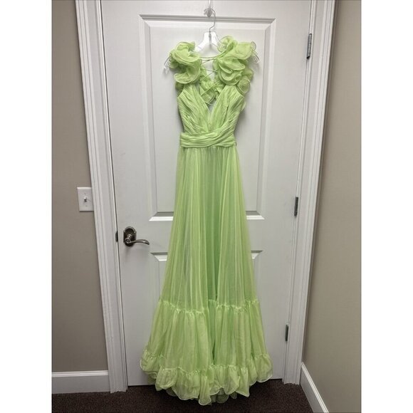 Mac Duggal Size 8 Green 67911 Ruffled Tiered Cut Out Chiffon Gown Dress Prom New - Picture 7 of 10